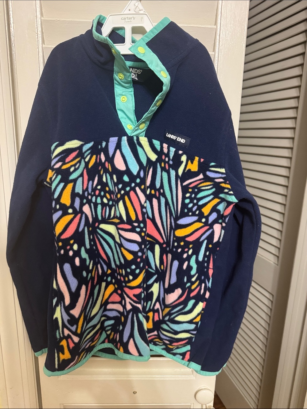 Lands' End Navy Fleece Pullover with Mint Trim and Multicolor Front